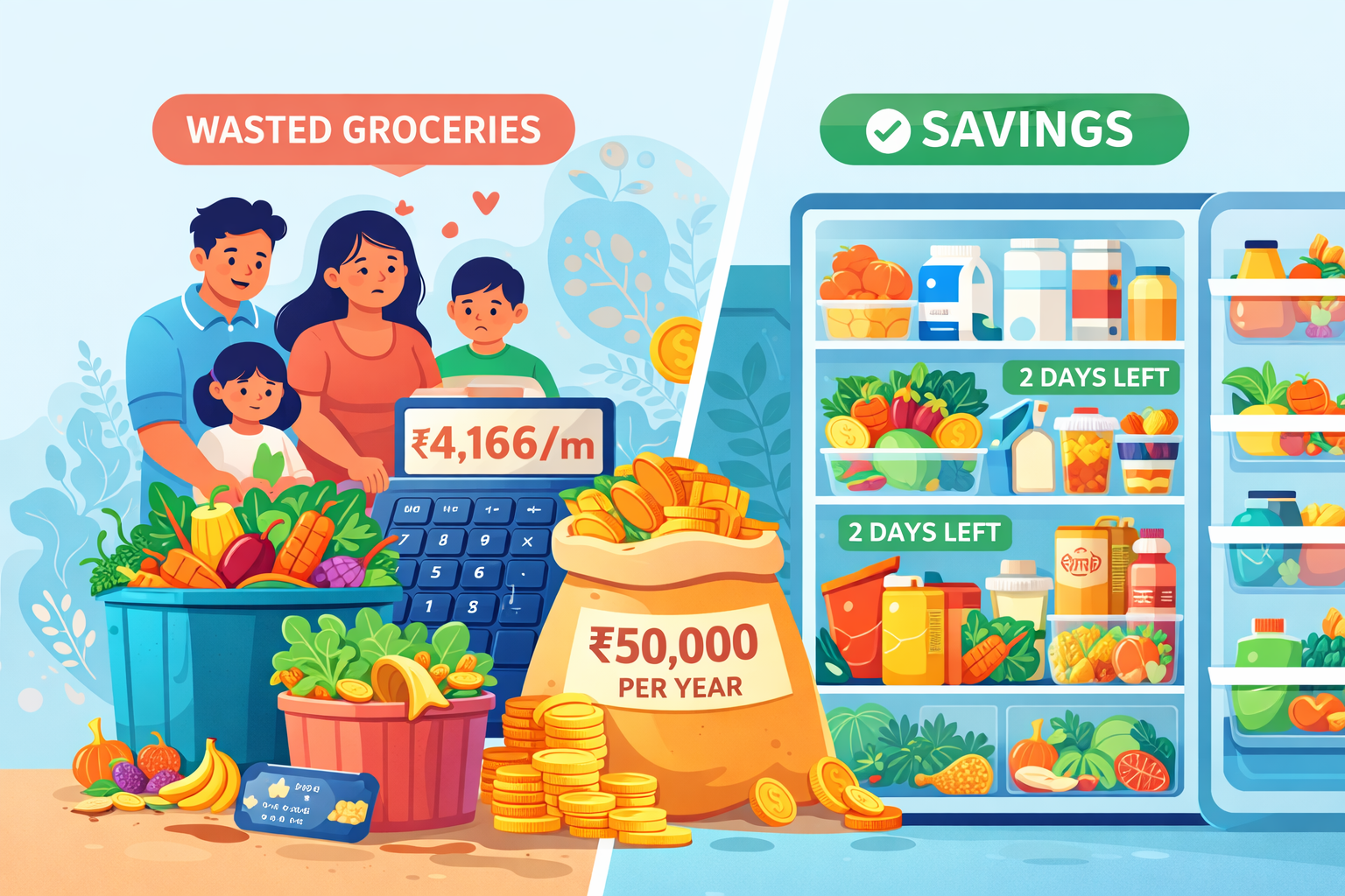 Save money groceries India - reduce food waste ₹50,000 yearly